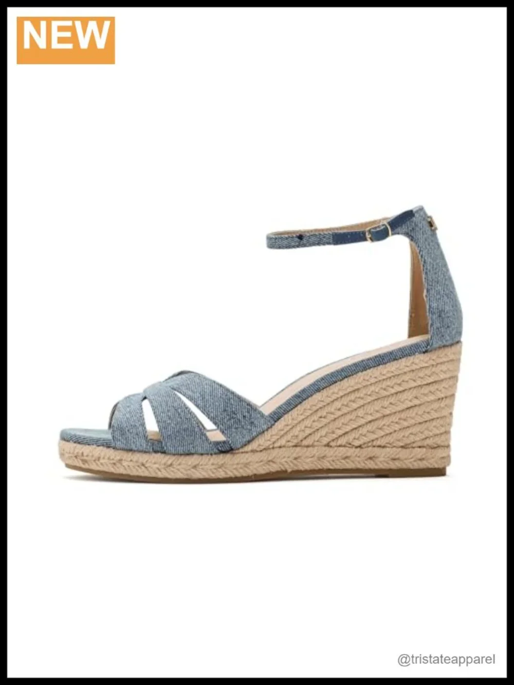 Nappa Denim Espadrille Wedge Sandal with Ankle Strap and Jute Heel